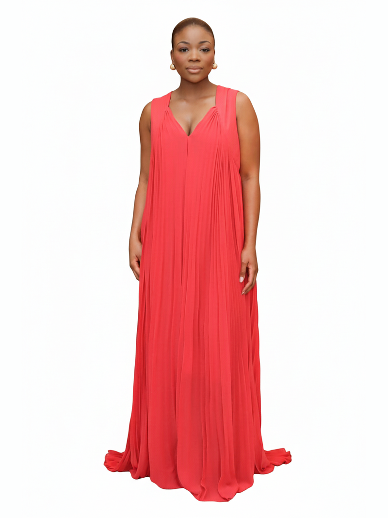 Clara V-Neck Pleated Dress Fuschia - White Background