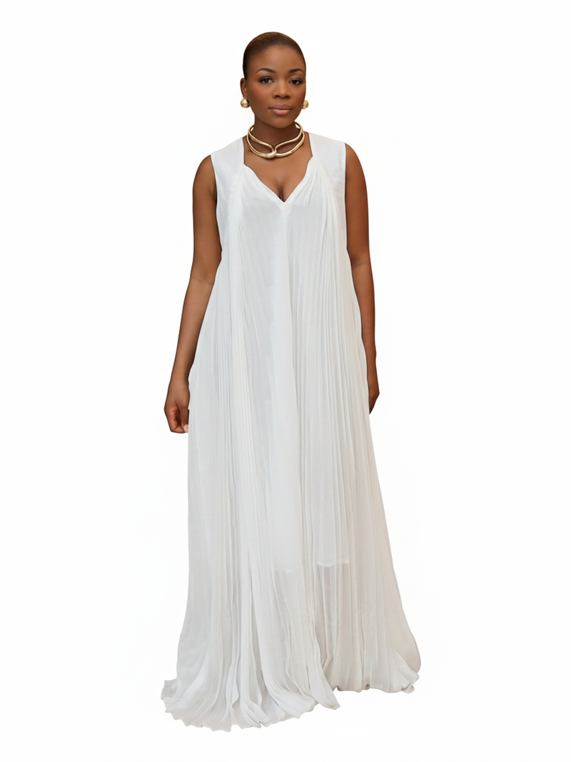 Clara V-Neck Pleated Dress White - White Background