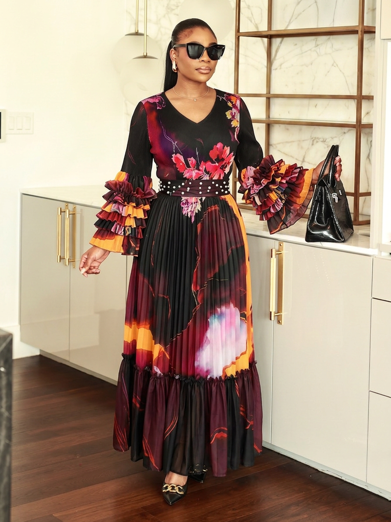 Seraphina black floral pleated ruffle-sleeve maxi dress — Ninth & Maple