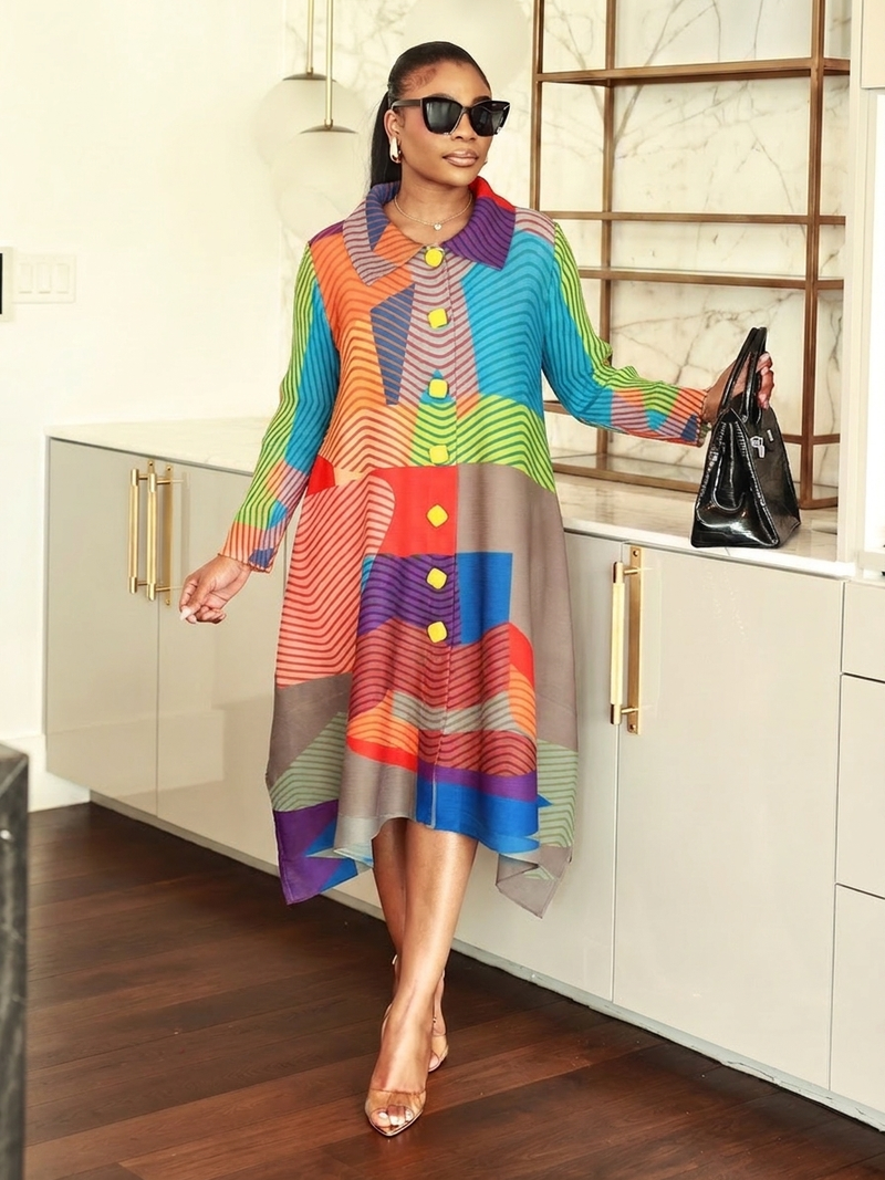 Simone geometric colorblock pleated shirt dress — Ninth & Maple