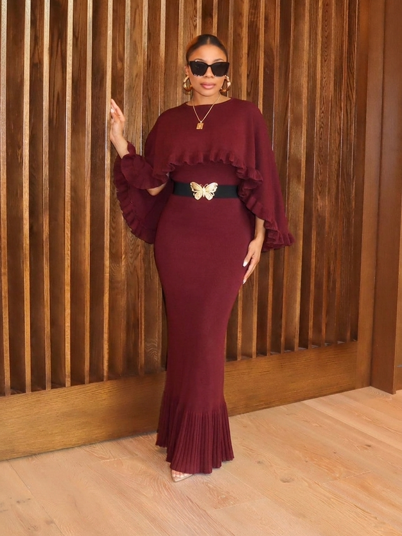 Yvonne burgundy ribbed knit cape maxi dress — Ninth & Maple