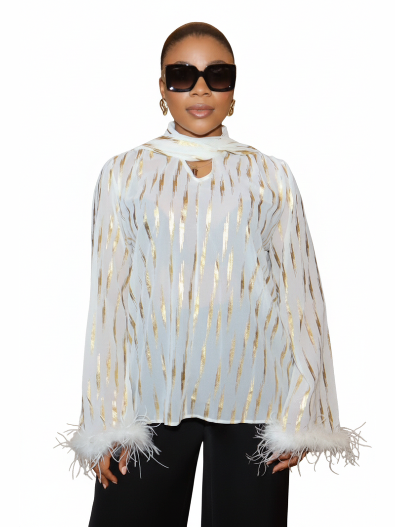 Nadine Neck-Tie Print Top - White Background