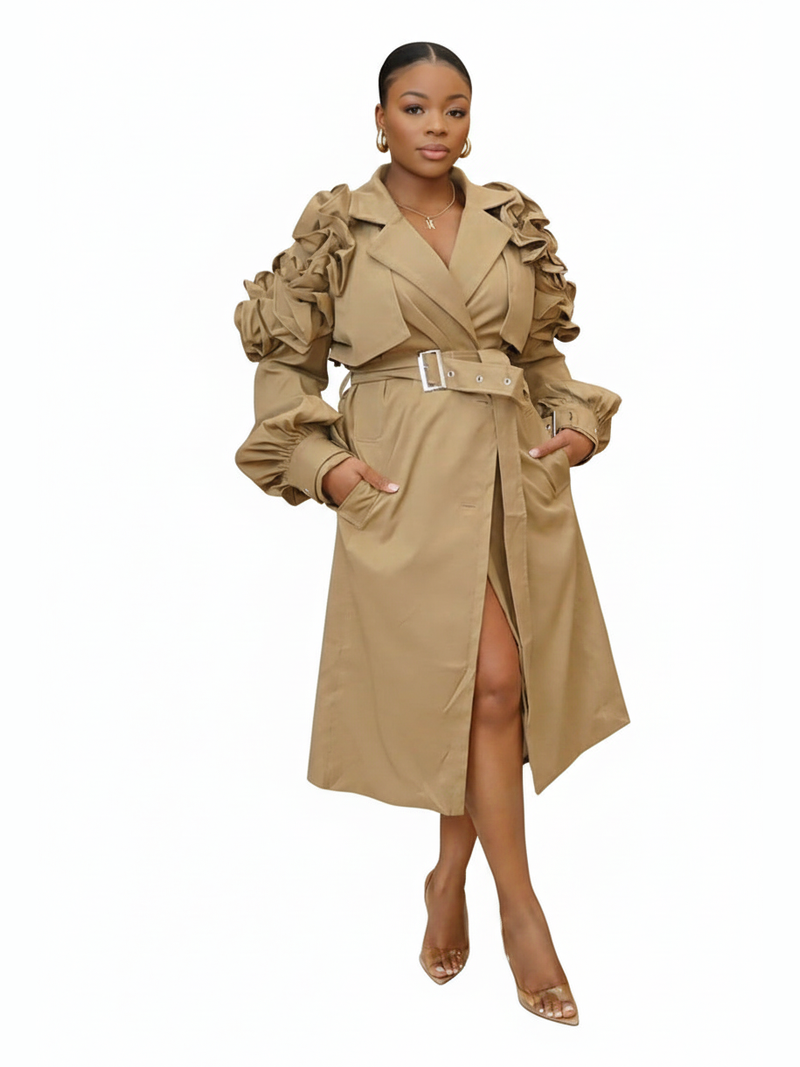Ruffled Trench Coat - White Background